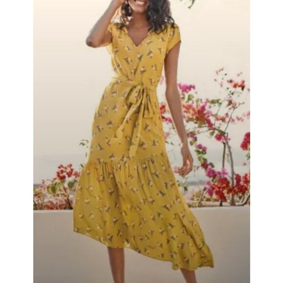 Boden Dresses & Skirts - Boden Amee Midi Dress Asymmetrical Ruffle Floral Womens Sz 4 Cottagecore Mustard